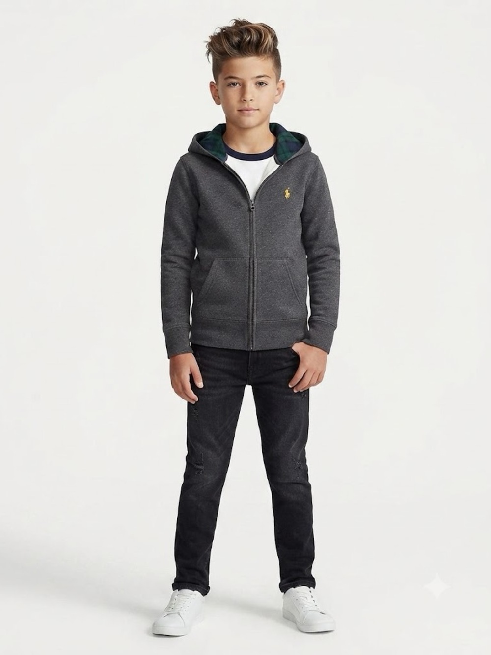 Polo by Ralph Lauren Charcoal Zip Hoodie with Green Tartan Lining Boy’s
